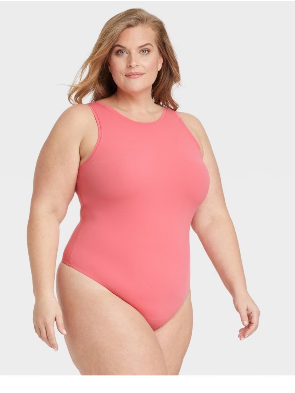 Auden High Neck One-Piece thong Bodysuit in Coral Pink